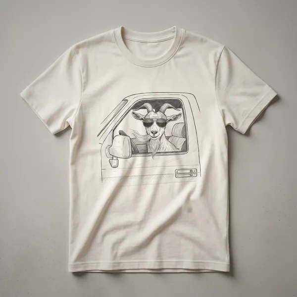 Black and white graphic t-shirt featuring a vintage drawing of a goat wearing a hat and driving a car.