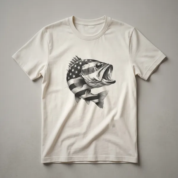 A vintage-style graphic t-shirt featuring a drawing of a largemouth bass with an American flag design incorporated into its body.