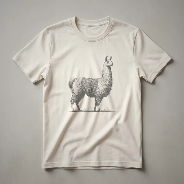 A vintage hand-drawn illustration of a llama on a white t-shirt, showcasing a classic artistic style.