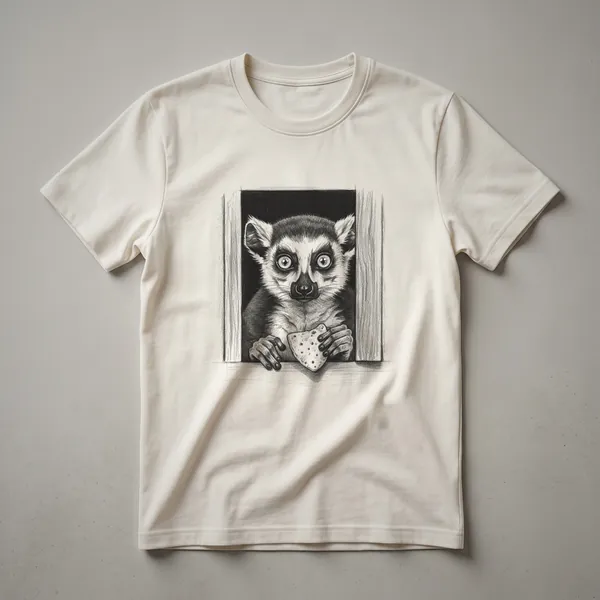 Black and white vintage drawing of a lemur peeking over a branch, featured on a white t-shirt.