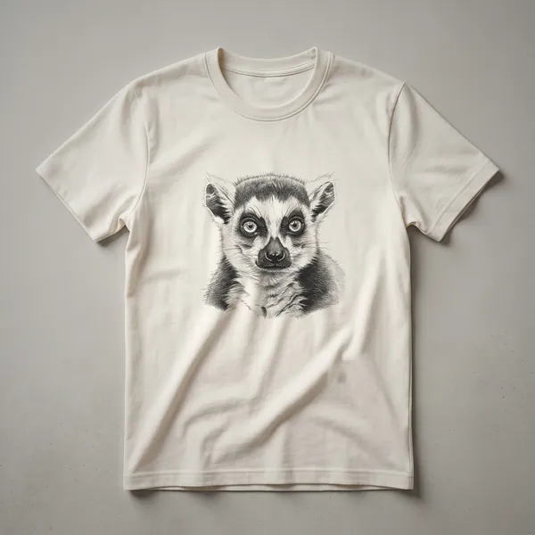 Black and white vintage drawing of a lemur on a white t-shirt, showcasing its distinctive features and striped tail.