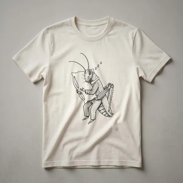 White t-shirt with a pen-and-ink drawing of a locust in vertical-striped pajamas hugging a pillow with eyes closed and 'ZZZ' above indicating sleep.
