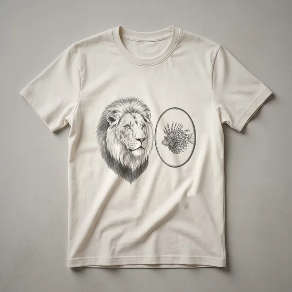 White graphic t-shirt featuring a drawing of a lion's head with a lionfish body, showcasing a humorous hybrid animal design.