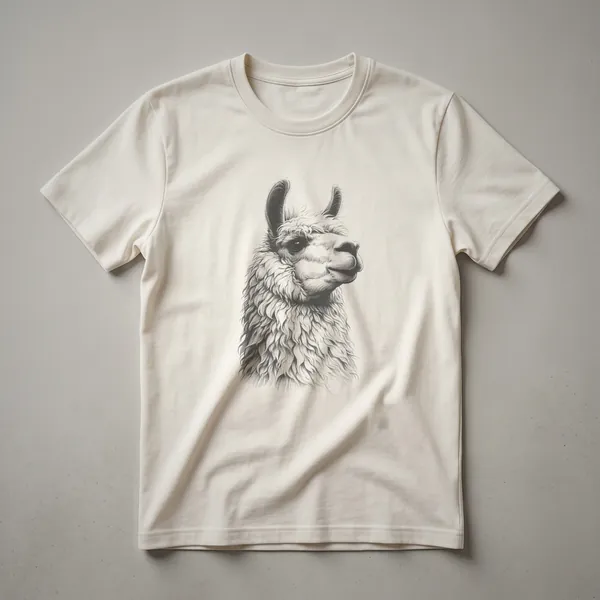 A vintage-style line drawing of a llama on a white t-shirt, showcasing its profile with simple black lines.