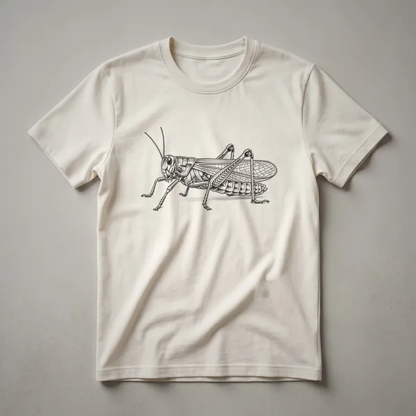 A vintage-style black and white line drawing of a locust insect is printed on the front of a white t-shirt.