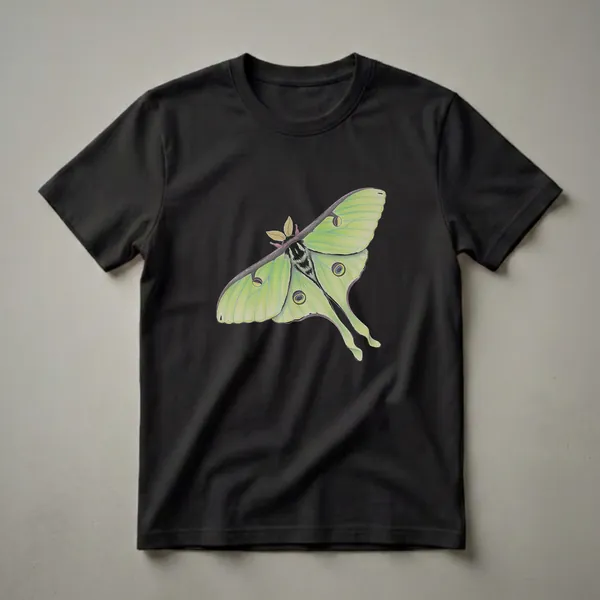 A vintage-style drawing of a bright green Luna moth with prominent eye-spots on its wings, set against a black background, printed on a t-shirt.
