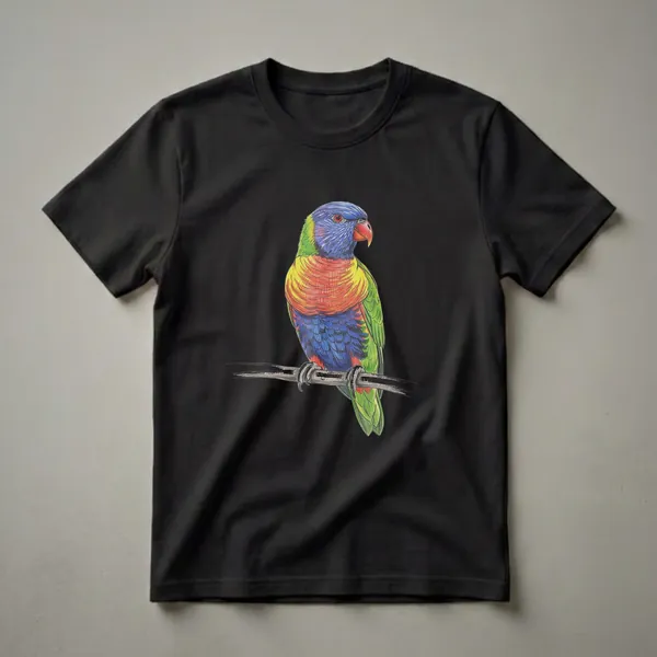A vintage drawing of a colorful Rainbow Lorikeet perched on a branch, depicted on a black background t-shirt.