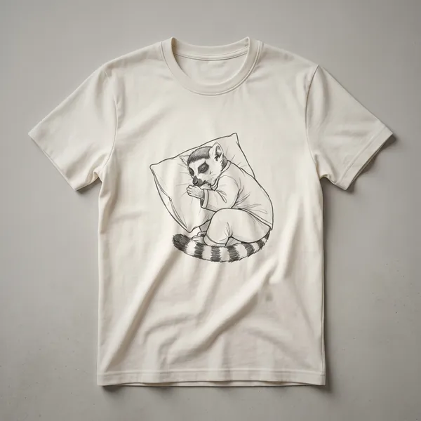 White graphic t-shirt with a drawing of a sleeping lemur wearing pajamas, set against a plain background.