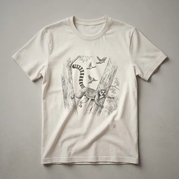 A vintage-style drawing of a lemur sitting on a branch with leaves, printed on a white t-shirt.