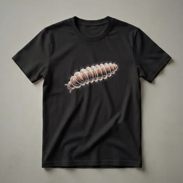 Black t-shirt featuring a detailed, realistic drawing of a brown and white maggot larva with spiky hairs, set against a black background.