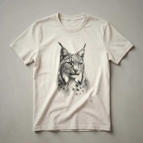 Black and white line drawing of a lynx's head, featuring its tufted ears and intense gaze, printed on a t-shirt.