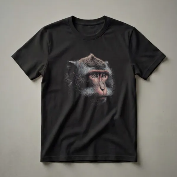 Black t-shirt with a detailed scratchboard art drawing of a macaque monkey's face in shades of brown, grey, and pink against a black background.