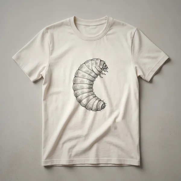 Black t-shirt with a white line drawing of a maggot, showing its segmented body and head.
