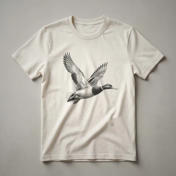 A black and white line drawing of a mallard duck flying with its wings spread, depicted in a vintage art style on a dark t-shirt.