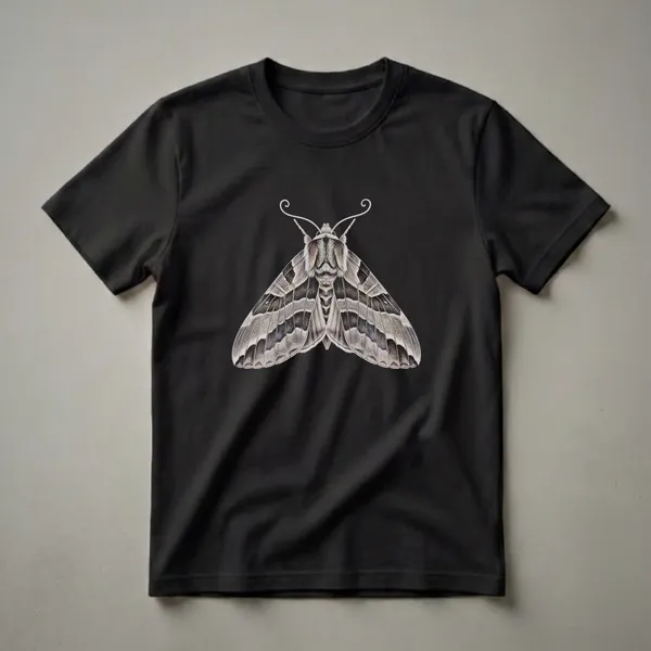 A vintage-style drawing of a moth with detailed grey, black, and white wing patterns and feathery antennae, printed on a black t-shirt.