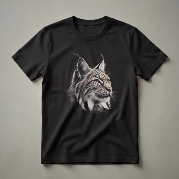 A black t-shirt featuring a detailed, monochromatic drawing of a lynx's head in profile, showcasing its tufted ears, intense eyes, and spotted markings.