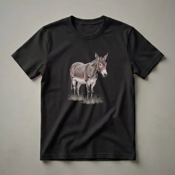 A brown and white mule is depicted in a detailed colored pencil drawing, standing in a patch of dry grass against a solid black background. The shirt is black.