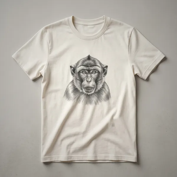 Black and white line drawing of a macaque monkey's face, showcasing detailed fur texture and expressive eyes, printed on a t-shirt.