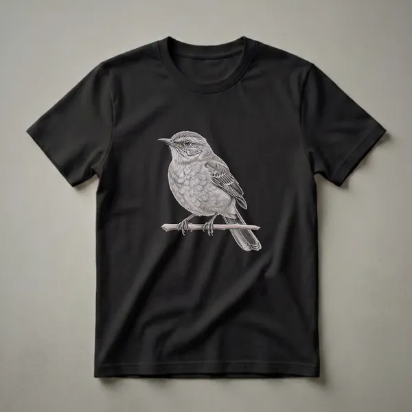 A detailed pencil drawing of a Northern Mockingbird with gray and white plumage, perched on a brown branch against a black background, displayed on a t-shirt.