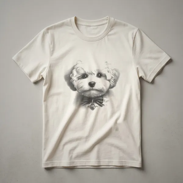 Black line drawing of a Maltipoo dog's face with a bow tie, printed on a white t-shirt.