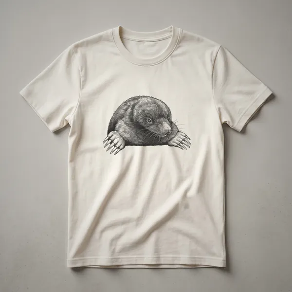 Black and white vintage drawing of a mole with prominent claws and snout, shown emerging from the ground, on a dark t-shirt.