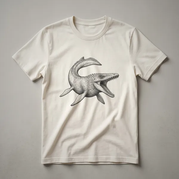 A black and white line drawing of a Mosasaurus with its mouth open, depicted on a dark t-shirt.