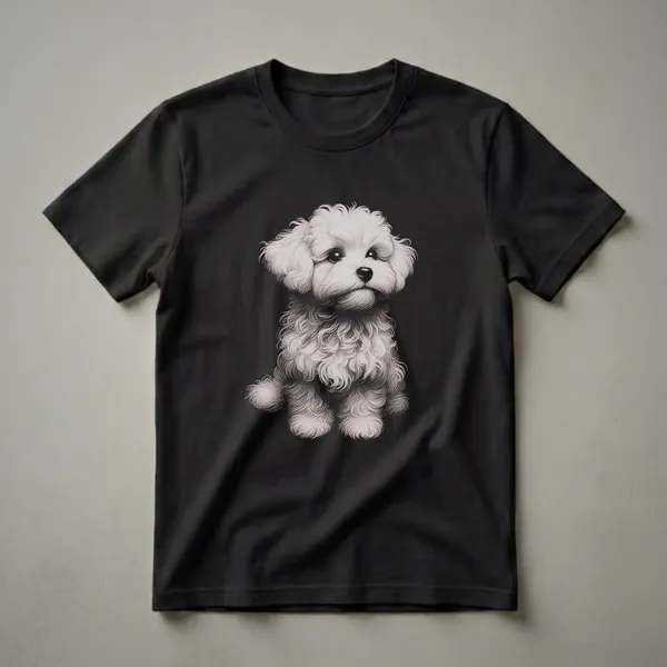 A black t-shirt featuring a detailed pencil drawing of a white Maltipoo puppy sitting against a black background, with curly fur and large dark eyes.