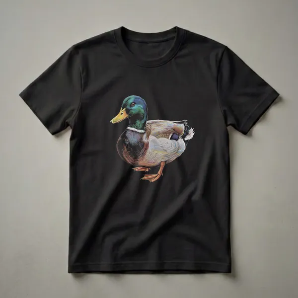 A graphic t-shirt featuring a detailed drawing of a male Mallard Duck with a green head and yellow bill, set against a black background.