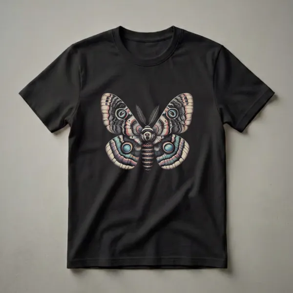 Black t-shirt featuring a detailed illustration of a large moth with intricate black, white, pink, and blue wing patterns and prominent eye spots.