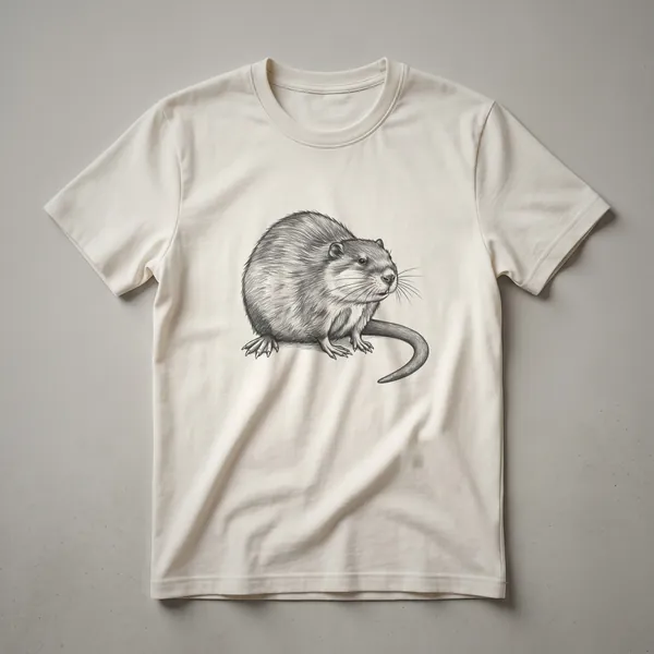 A vintage line drawing of a muskrat, facing right with its tail curled, presented on a dark garment.