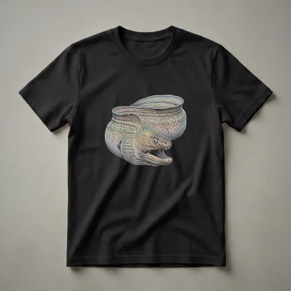 A detailed colored pencil drawing of a moray eel with its mouth open, showcasing sharp teeth and patterned skin, on a black t-shirt.
