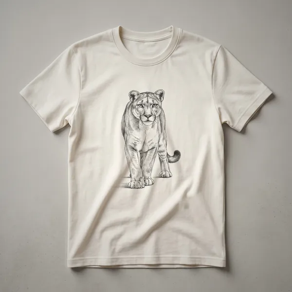 A black and white line drawing of a mountain lion walking forward, depicted on a dark t-shirt.