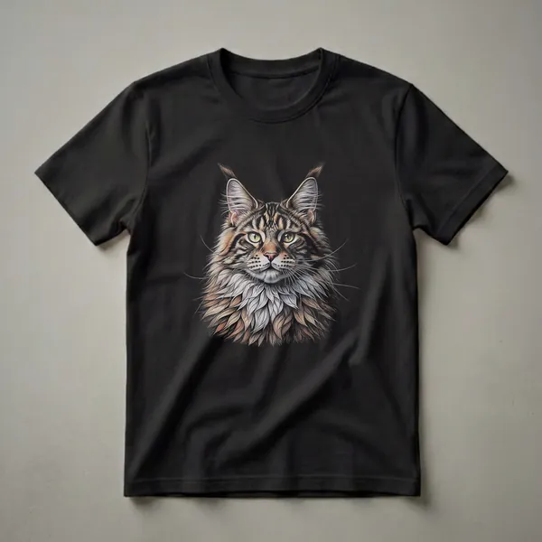 Black t-shirt featuring a detailed artistic portrait of a Maine Coon cat's face with green eyes and a fluffy mane against a black background.