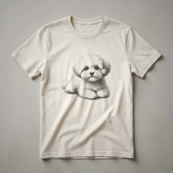 White sketch art of a Maltipoo dog on a black t-shirt, showing the dog in a seated pose with detailed linework for its fur and face.