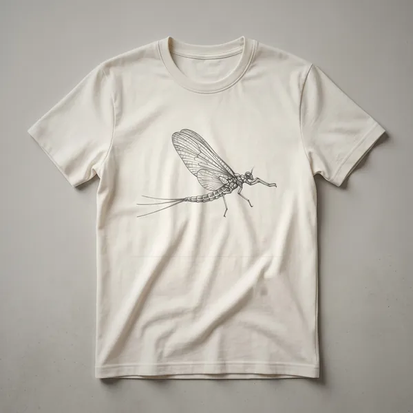Black line drawing of a mayfly insect with large, detailed wings and a segmented body on a white background.