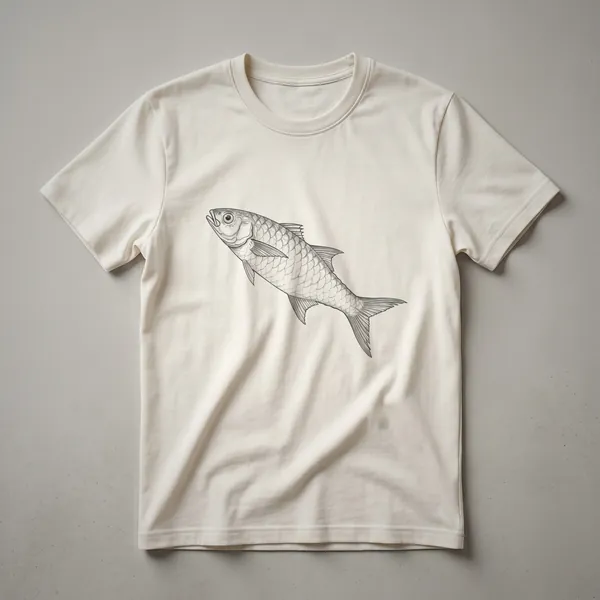 Black line drawing of a mullet fish on a black t-shirt, facing left, showcasing its scales and fins.