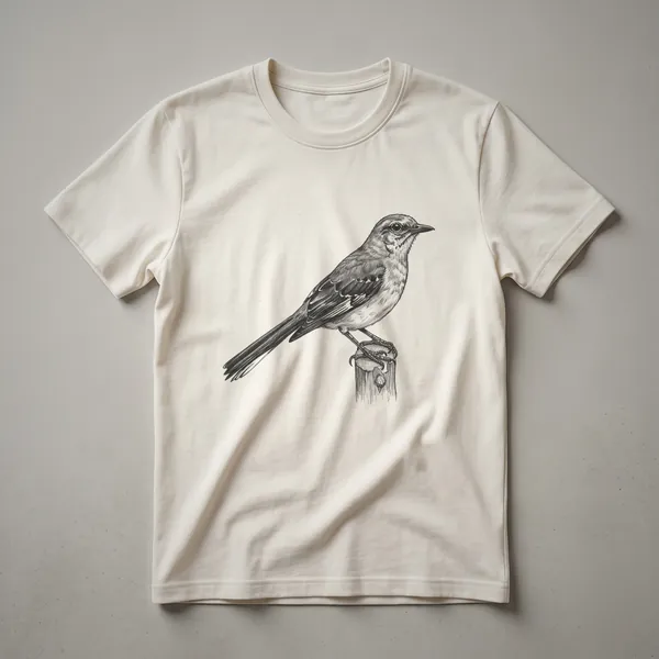 Black line drawing of a mockingbird perched on a wooden post, presented on a t-shirt.