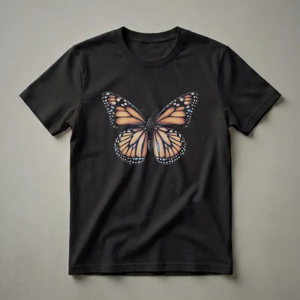 Black t-shirt featuring a detailed, realistic drawing of a Monarch butterfly with orange, black, and white wings against a solid black background.