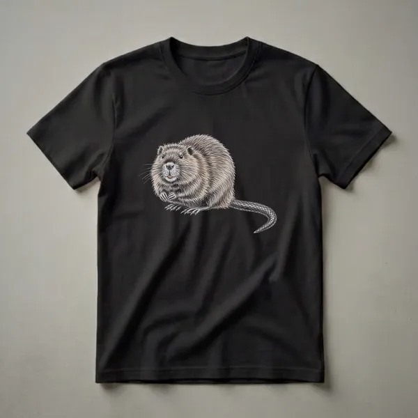 A detailed drawing of a brown and grey muskrat with a textured tail, depicted in a vintage art style on a black t-shirt.