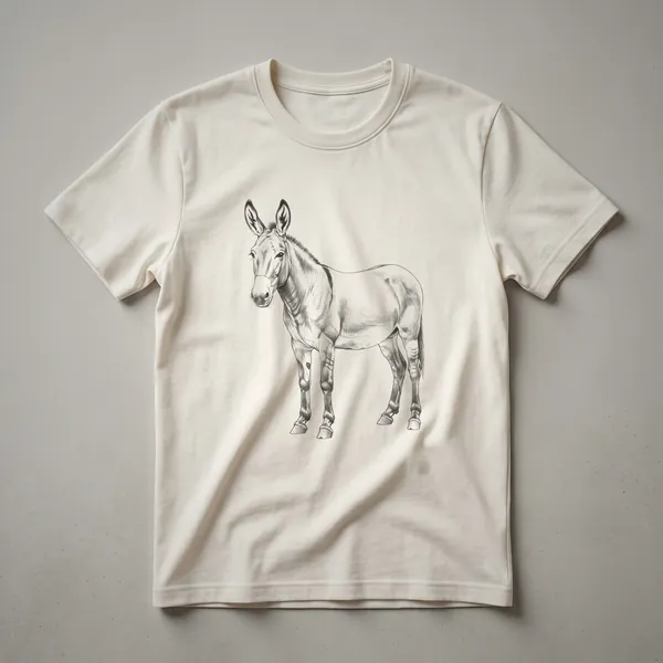 Black line drawing of a mule on a white t-shirt, showcasing its long ears and sturdy body.