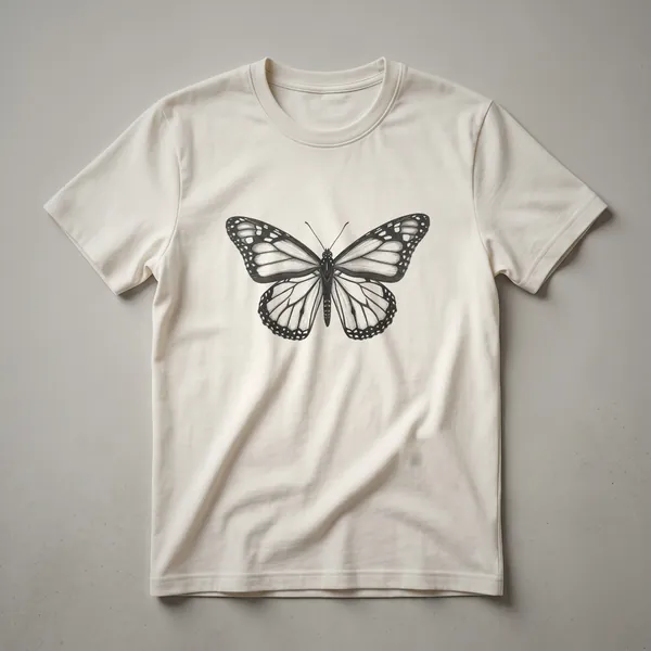 Black line drawing of a monarch butterfly on a white t-shirt, showcasing intricate wing details and body structure.