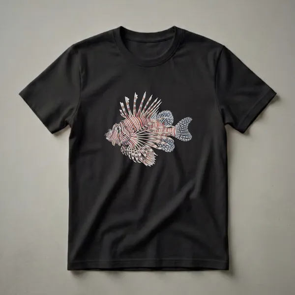 A black t-shirt featuring a detailed, hand-drawn illustration of a lionfish with striking red, white, and blue stripes and prominent fins.