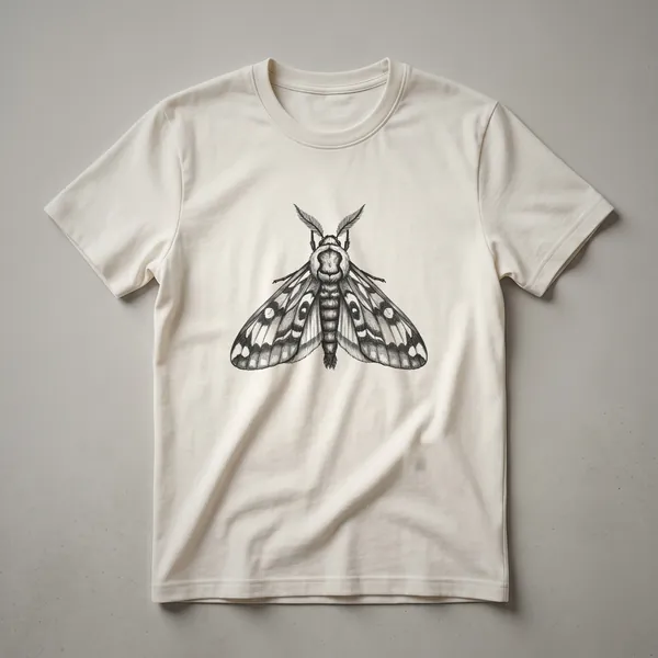 Black and white line drawing of a moth with detailed wings and antennae, displayed on a black t-shirt.