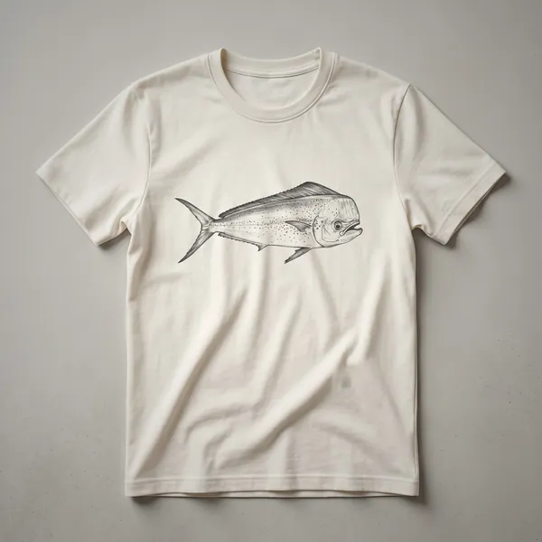 Black and white line drawing of a mahi-mahi fish on a black t-shirt, showcasing its fins, tail, and speckled body.