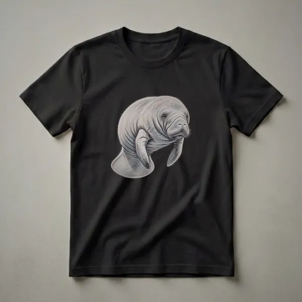 A detailed pencil drawing of a manatee's head and upper body, rendered in shades of grey and blue, against a solid black background.