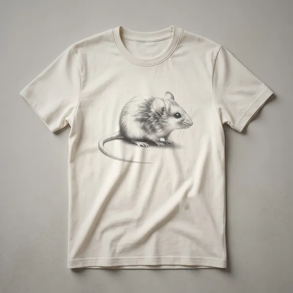A black and white vintage line drawing of a mouse, depicted in profile with fine detail on its fur, whiskers, and tail, presented on a t-shirt.