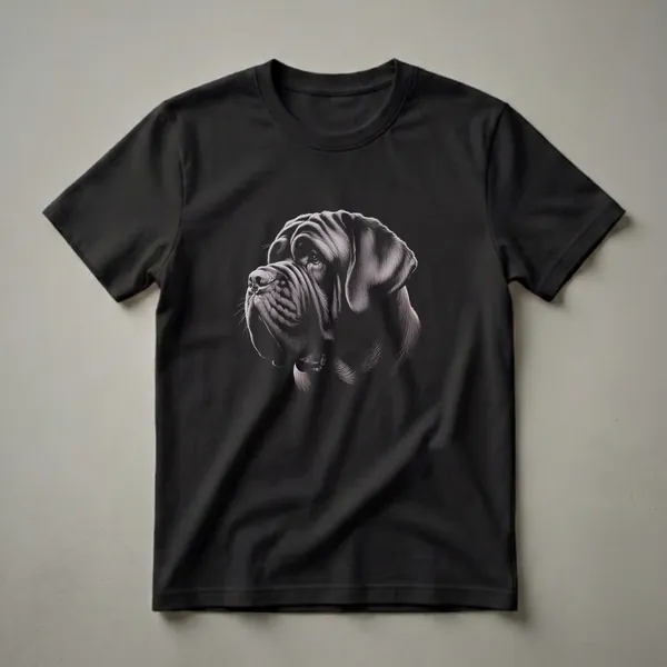 Black t-shirt featuring a detailed scratchboard-style drawing of a Mastiff dog's head in profile, rendered in shades of grey and white against a black background.