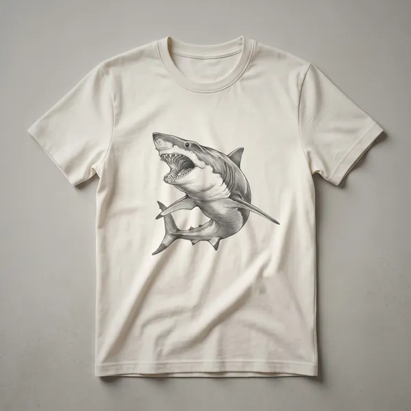 Black line drawing of a Megalodon shark with its mouth open, revealing sharp teeth, on a dark background.