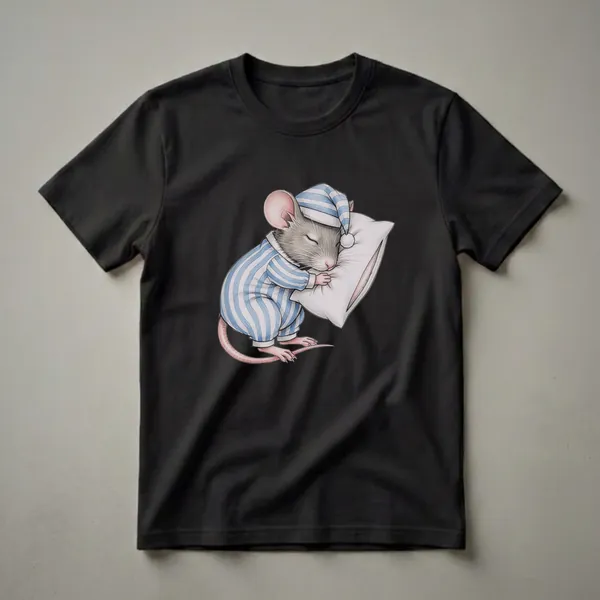 A mouse wearing blue and white striped pajamas and a matching nightcap sleeps soundly on a white pillow, depicted in a drawing art style.