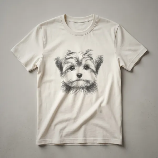 Black t-shirt with a white line drawing of a Morkie dog's face, featuring detailed fur texture and expressive eyes.